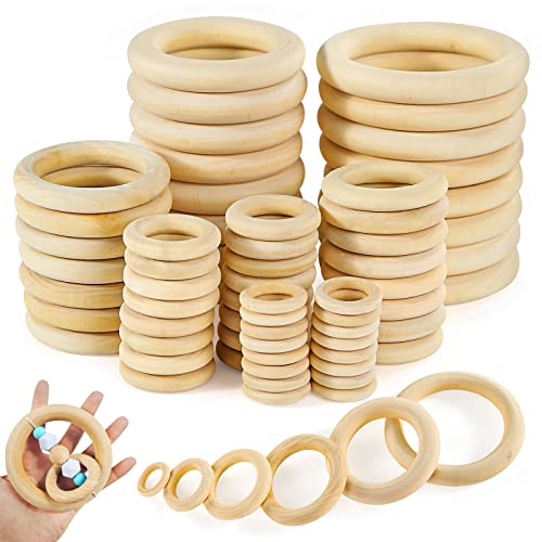 BigOtters Wooden Rings for Craft, Smooth Unfinished Wooden Ring 64 PCS 6 Sizes Natural Wood Circles for DIY Craft, Ring Pendant and Connectors - WoodArtSupply