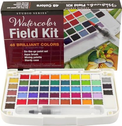 Artist's Watercolor Field Kit (48 high pigment colors, water brush, sponge, and palette)