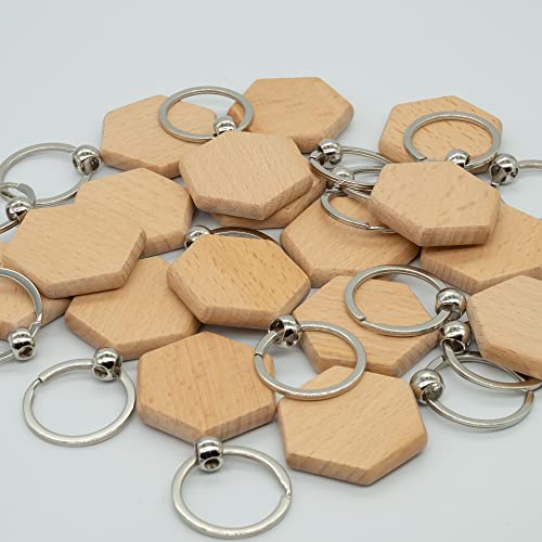 Hexagon Wood Engraving Blanks Wood Blanks Blank Wooden Key Tag with Keychain 20 Pcs - WoodArtSupply