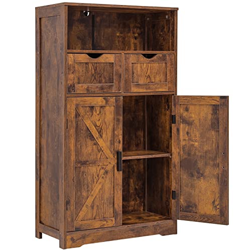 WEENFON Floor Storage Cabinet with 2 Adjustable Drawers & 2 Barn Doors, Standing Cupboard with 2 Shelf, for Living Room, Home Office, Kitchen, Rustic - WoodArtSupply