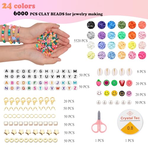 Paodey 20,000 Pcs Clay Beads Bracelet Making Kit, 120 Colors 6 Boxes  Polymer Beads Spacer Heishi Beads & Jewelry Kit with Pendant Charms Elastic