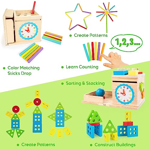 JUSTWOOD Montessori Toys for 1+ Year Old, 8-in-1 Wooden Play Kit Includes Object Permanent Box, Learning Activity Cube, Sorting & Stacking Toy, JUSTWOOD