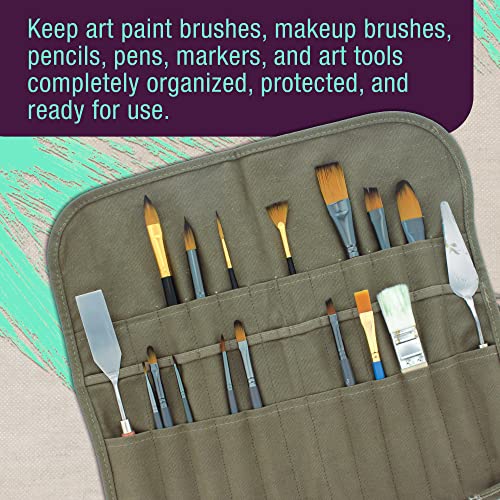 U.S. Art Supply Deluxe Canvas Art Paint Brush Holder & Storage Organizer Roll-Up Case Bag - 24 Slot Pockets Carry Pouch - Protect Artist Acrylic Oil