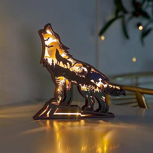 3D Howling Wolf Wooden LED Night Light - Eco-Friendly Home Decor by Tivisiy - WoodArtSupply