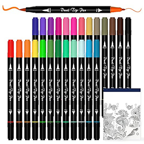 Shuttle Art Dual Tip Brush Pens Art Markers, 25 Colors Fine and Brush Dual Tip Markers Set with 1 Coloring Book for Kids Adult Artist Calligraphy Shuttle Art
