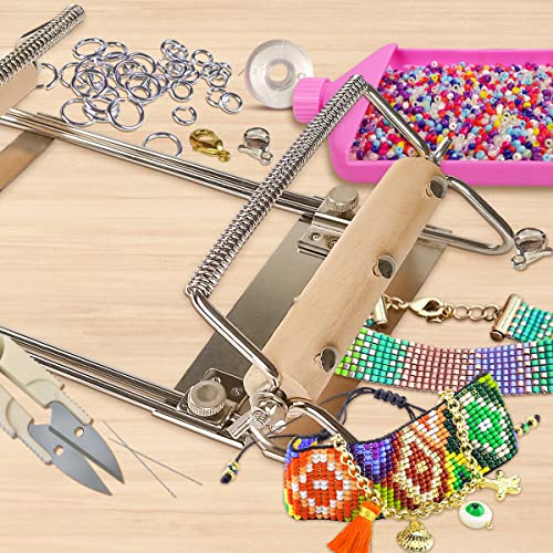 hobbyworker The Second Generation Adjustable Bead Loom Kit with Seed Beads,Large Eye Curved Beading Needle, Funnel Tray,Lobster Clasp,Open Ring and hobbyworker