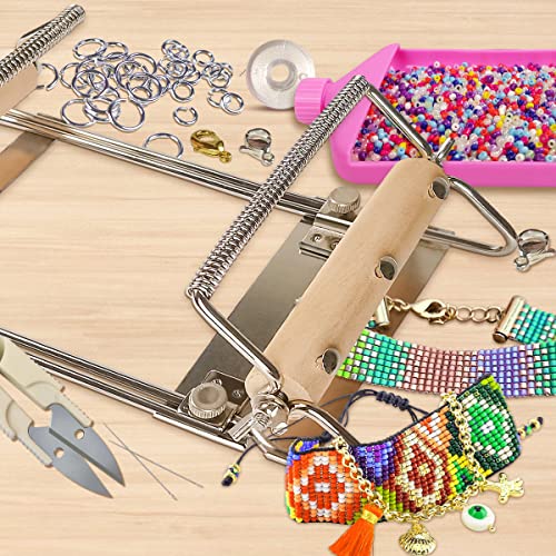 hobbyworker The Second Generation Adjustable Bead Loom Kit with Seed Beads,Large Eye Curved Beading Needle, Funnel Tray,Lobster Clasp,Open Ring and - WoodArtSupply