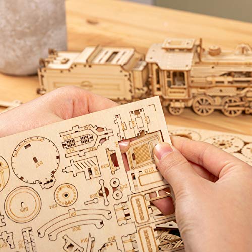 ROKR 3D Wooden Puzzle-Mechanical Car Model-Self Building Vehicle Kits-Brain Teaser Toys-Best Gift for Adults and Kids on Birthday/Christmas Day (Prime Steam Express)(with Carriage)