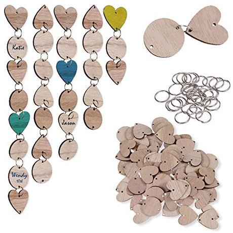 Wellinc 100pcs Wooden Ornaments, 1.2inch Handmade Round & Heart Tags with Holes and Rings for Gifts Name Tags, Birthday Calendar Board, DIY Arts and Wellinc
