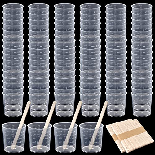 Coopay 100 Pack 30ml/1oz Plastic Graduated Cups Transparent Scale Cups Clear Epoxy Mixing Cups with 100 Pack Wooden Stirring Sticks for Resin, Epoxy, Coopay