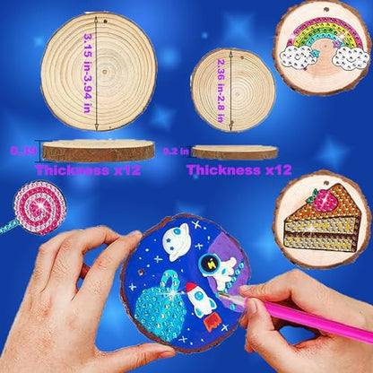 Huastyle Arts & Crafts Kits for Kids Girls Ages 8-12, 24 Wood Slices Pack with Diamond Painting Creative DIY Activity Gifts Toy, Wooden Ornaments