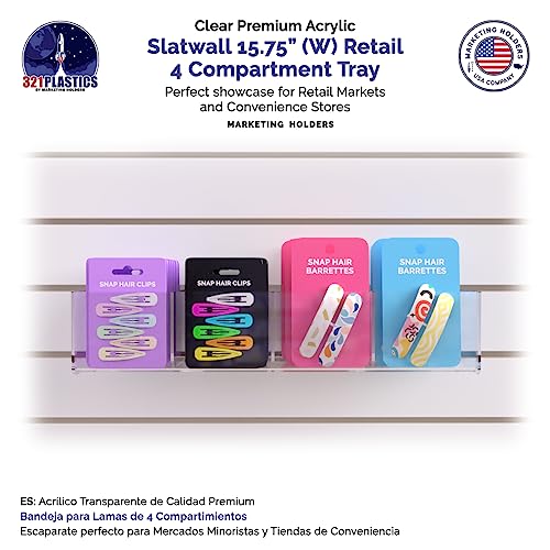 Marketing Holders 2 Pack Slatwall Acrylic Retail Tray Four Compartment 15.75" Wide x 4.75" Deep Clear Product Merchandise Storage Organizer for Marketing Holders