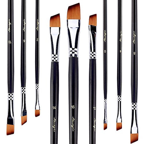 Amagic 9Pcs Angled Flat Tipped Art Paintbrush Set with Storage Container - Anti-Shedding Synthetic Nylon with Long Handle - Paint Brush for Amagic