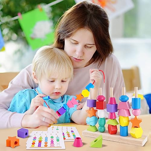 Toddler Montessori Toys Wooden Beads Sequencing Toy Set, Stacking Blocks, Matching Shapes, Lacing Beads, Shape Sorter Toys for 2 3 4 5 Year Old Boys