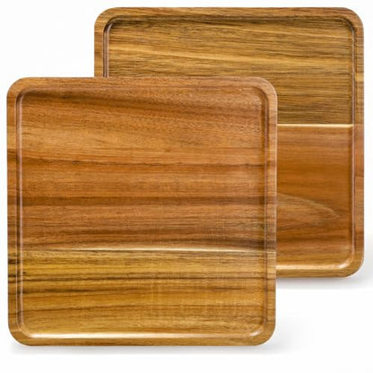 Elsjoy 2 Pack Acacia Wood Square Serving Tray, 10 Inch Square Wood Serving Platter Wooden Serving Board, Square Acacia Wood Plates for Charcuterie, - WoodArtSupply