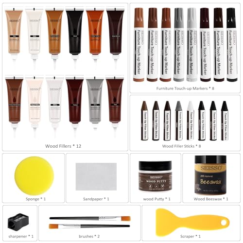 SEISSO Wood Furniture Repair Kit, 12 Colors Wood Fillers, Wood Putty with Beeswax, Furniture Touch Up Markers with Wood Crayons, Hardwood Floor