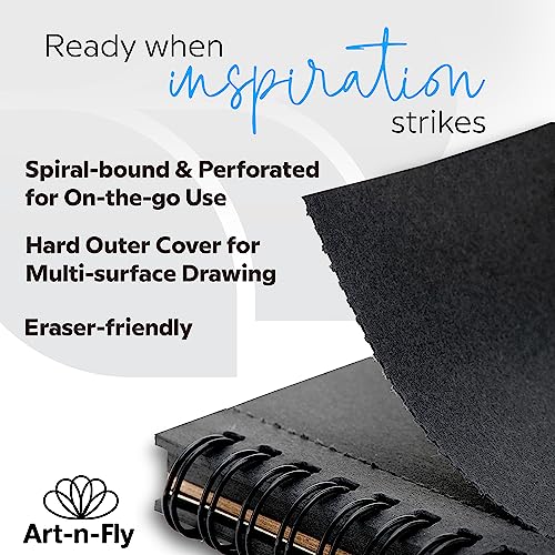 Art-n-Fly Black Sketch Pad Mini 5.5x8.5 2 Pack - Black Paper Sketchbook for Drawings, Perforated Edge on Spiral 100 Sheets Total - Art Sketch Book