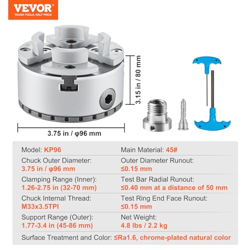 VEVOR KP96 Lathe Chuck, 4-Jaw 3.75" Diameter, Metal Lathe Chuck Turning Machine Accessories, Self-centering Tool, for Lathe, Precision Machining, VEVOR