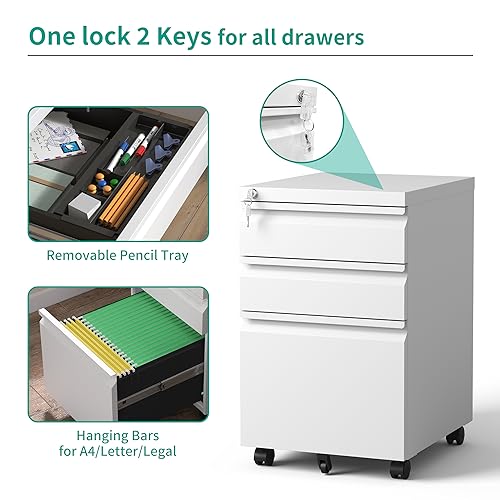VIYET 3 Drawers Mobile File Cabinet, Rolling File Cabinet Fully Assembled Under Desk, Metal Filing Cabinet with Lock for Home Office Organizer VIYET