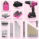 Pink Cordless Drill Set, 20V Lithium-ion Power Drill Set for Women with 67Pcs Drill Driver Bits, 3/8"Keyless Chuck, 25+1 Position Electric Drill, ThinkLearn