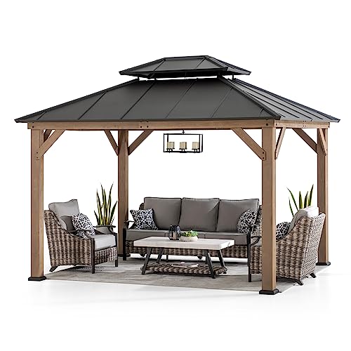 Sunjoy 10 x 12 ft. Wood Gazebo, Outdoor Patio Steel Hardtop Gazebo, Cedar Framed Wooden Gazebo with 2-Tier Metal Roof, Suitable for Patios, Lawn and Sunjoy
