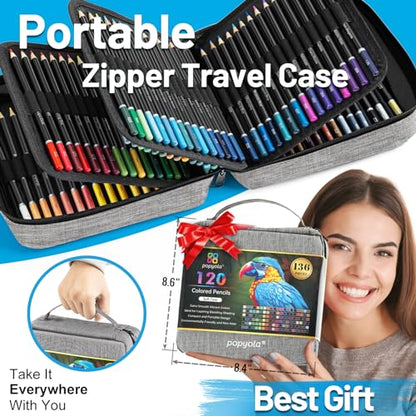 POPYOLA 136 Pack Colored Pencils Set with Portable Gift Case, Art Supplies 120 Colored Pencils, 3-Color Sketch Book, Coloring Book, Sketchbook,