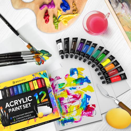 Acrylic Paint Set for Kids, Artists and Adults - 12 Vibrant Colors, 6 Brushes and 3 Paint Canvases - Perfect for Beginners or Professionals Benicci
