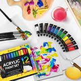 Acrylic Paint Set for Kids, Artists and Adults - 12 Vibrant Colors, 6 Brushes and 3 Paint Canvases - Perfect for Beginners or Professionals Benicci
