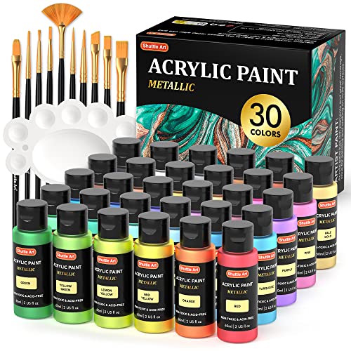 Shuttle Art 30 Colors Metallic Acrylic Paint, Artist Grade Metallic Paint in Bottles (60ml, 2oz), Rich Pigmented, High Viscosity, Non-Toxic for Shuttle Art
