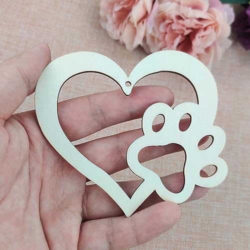 Creaides 20pcs Heart Paw Wood Cutouts Crafts Wooden Heart Dog Paw Shaped Hanging Ornaments with Jute Twines Gift Tags for DIY Projects Baby Showe