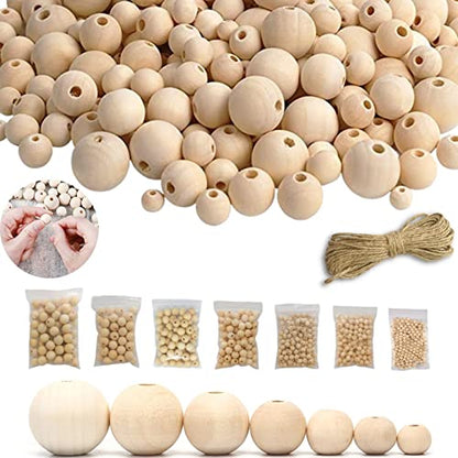 Wooden Beads – 7 Size Assortment Pack of Wood Beads – Pure Lotus Wooden Beads for Crafts with 2m Jute Rope – Natural Round Beads for Crafts with