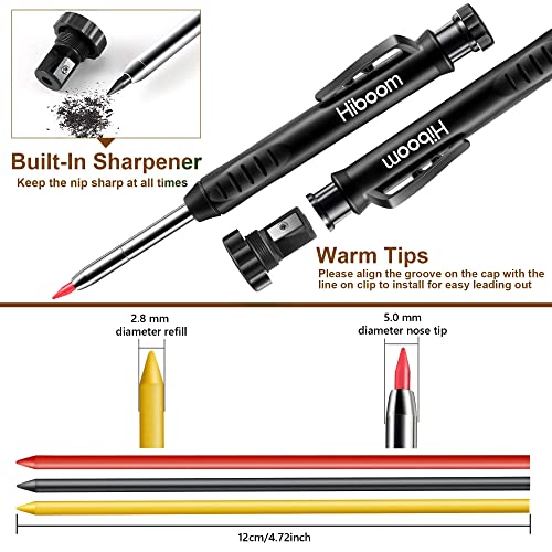 Hiboom 2 Pack Solid Carpenter Pencils with Pencil Cap and 18 Refills, Long Nose Deep Hole Mechanical Pencil Marker, Scribe Tool with Built-in - WoodArtSupply