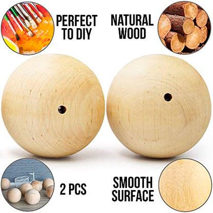 2.16 in (55 mm) Wood Beads for Crafts with Holes, Unfinished Round Wood Spheres for DIY Projects, 2 pcs