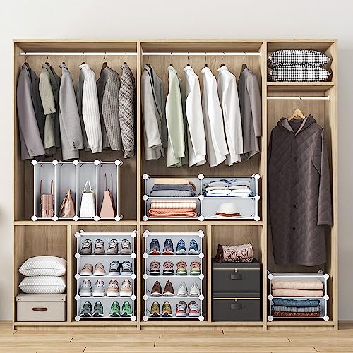 VIPZONE 4 Tier Closet Shelf, 12 inches Deep Stackable Closet Storage Shelves for Clothes,Easy Assembly Organizer Plastic Shelf Rack for Bedroom,White VIPZONE