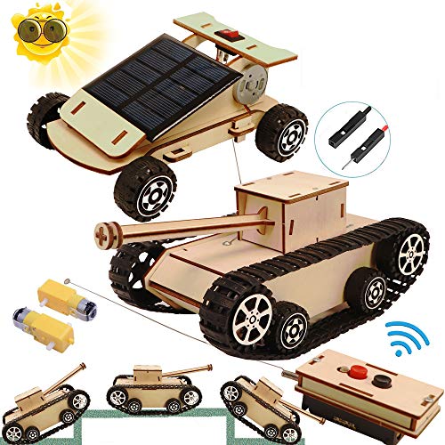 DIY Wooden Kids Science Experiment Kits-Remote Control Off Road Tracked Tank and Solar Power Race Car,STEM Learning Toys Gifts Electric Motor
