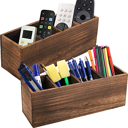 Dicunoy 2 Pack Wooden Pencil Holder for Desk, Rustic Wood Remote Control Holder Caddy, Retro Table Organizer with 4 Compartments for Art Supplies,