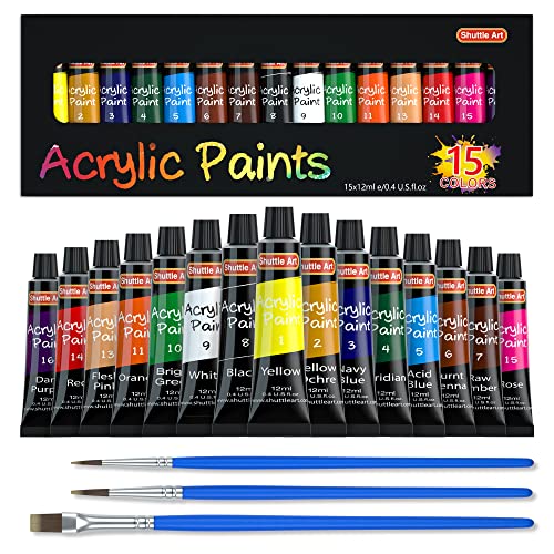Shuttle Art Acrylic Paint Set, 15 x 12ml Tubes Artist Quality Non Toxic Rich Pigments Colors Perfect for Kids Adults Beginners Artists Painting on Canvas Wood Clay Fabric Ceramic Crafts