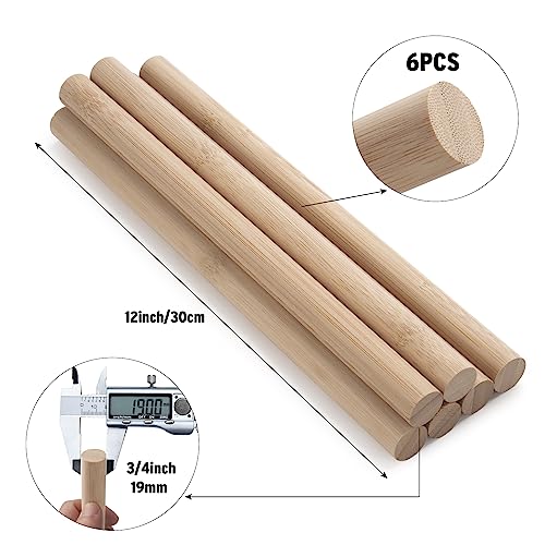 Wooden Dowel Dods Round Wood Dowels, 6 PCS 3/4 x 12" Macrame Dowel Bamboo Sticks for Craft, Unfinished Hardwood Sticks for Crafting, Arts and DIYers Coowayze