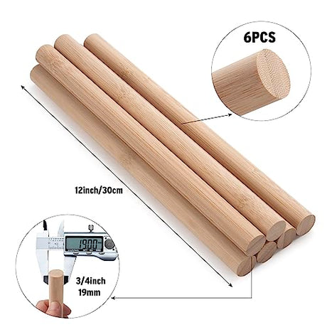 Wooden Dowel Dods Round Wood Dowels, 6 PCS 3/4 x 12" Macrame Dowel Bamboo Sticks for Craft, Unfinished Hardwood Sticks for Crafting, Arts and DIYers Coowayze