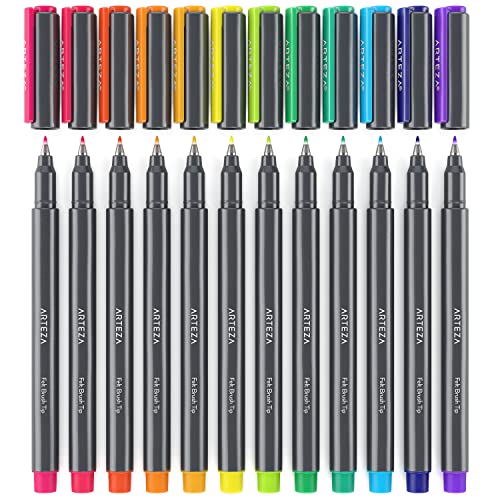 ARTEZA Felt Tip Pens, Set of 12 Bright Brush Tip Calligraphy Pens for Note Taking, Sketching, Cross-Hatching, and Outlining, Dye-Based Ink, ARTEZA