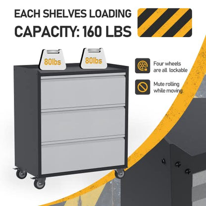 Aobabo Metal Tool Storage Cabinets with Wheels,3 Drawers Rolling Tools Chest Cabinet for Garage,Warehouse,Assembly Required - WoodArtSupply