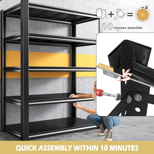 REIBII Garage Shelving Heavy Duty Garage Storage Shelves, Extra Large Adjustable Storage Rack with 5-Tier Metal Shelving Unit, 2050LBS Loads Heavy REIBII