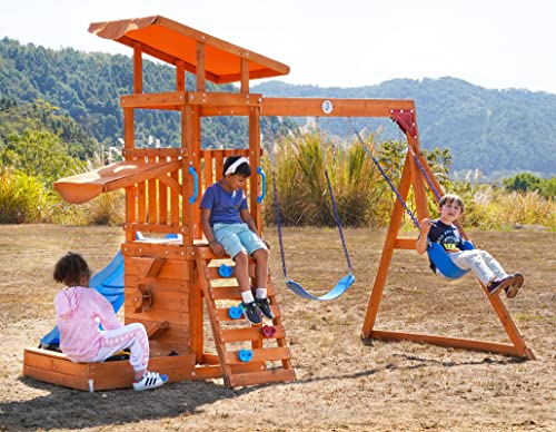 Dolphin Playground Wooden Swing Sets for Backyard with Sandbox, Outdoor Playset for Kids with 6FT Wave Slide, Rock Climbing Wall, 2 Belt Swings, and