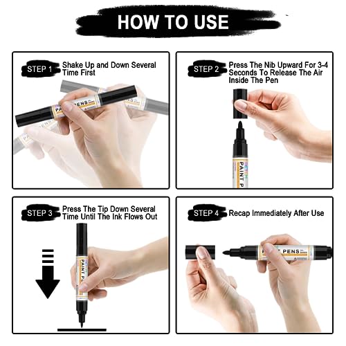 Betem 4 Count Dual Tip Oil Based White Black Paint Markers Paint Pens(0.7mm & 3mm), Permanent Paint Marker, Waterproof, Quick Dry, for Rock Painting, Betem