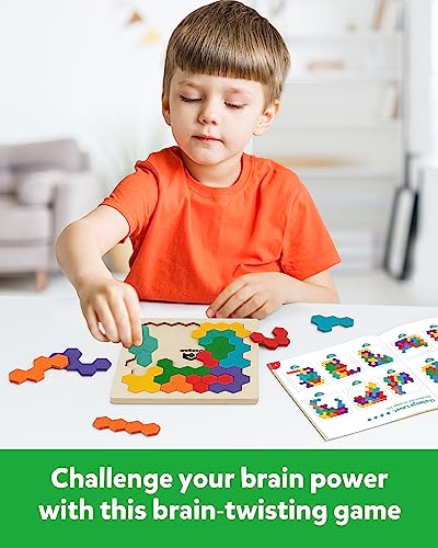 Coogam Wooden Tangram Puzzle, Color Shape Pattern Jigsaw Brain Teasers 3D Logic IQ Game Geometric Blocks Montessori STEM Educational Toys Gift for Coogam