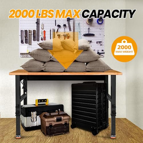 48" Adjustable Work Bench, Rubber Wood Top Heavy-Duty Workbench with Power Outlet, 2000 LBS Load Capacity Hardwood Worktable, for Garage, Workshop, Polar Aurora