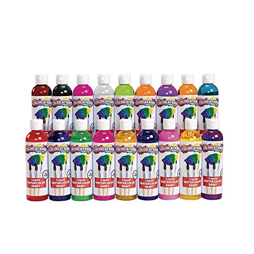 Colorations LW18 Liquid Watercolor Paint, 8 fl oz, Set of 18, Non-Toxic, Painting, Kids, Craft, Hobby, Fun, Water Color, Posters, Cool effects, - WoodArtSupply