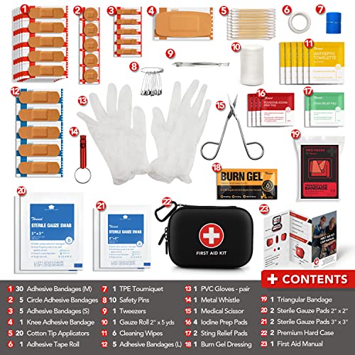 Mini First Aid Kit, 100 Pieces Water-Resistant Hard Shell Small Case - Perfect for Travel, Outdoor, Home, Office, Camping, Hiking, Car (Black) THRIAID