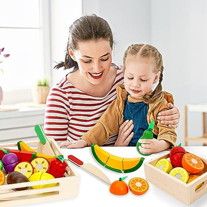 BAODLON Wooden Cutting Fruit Set - Wooden Play Food Toys for Kids Kitchen, Multi-Pretend Play Food Kitchen Accessory with 2 Trays, Play Fake Fruit