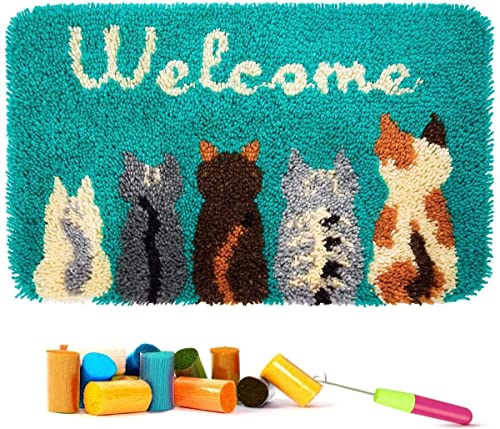 Latch Hook Kits for Adults - Cats Welcome Rug Kits 24X16 in, DIY Latch Hook Rug Kit, Cross Stitch Rug Making Kit, Carpet Making Crochet Kits - WoodArtSupply